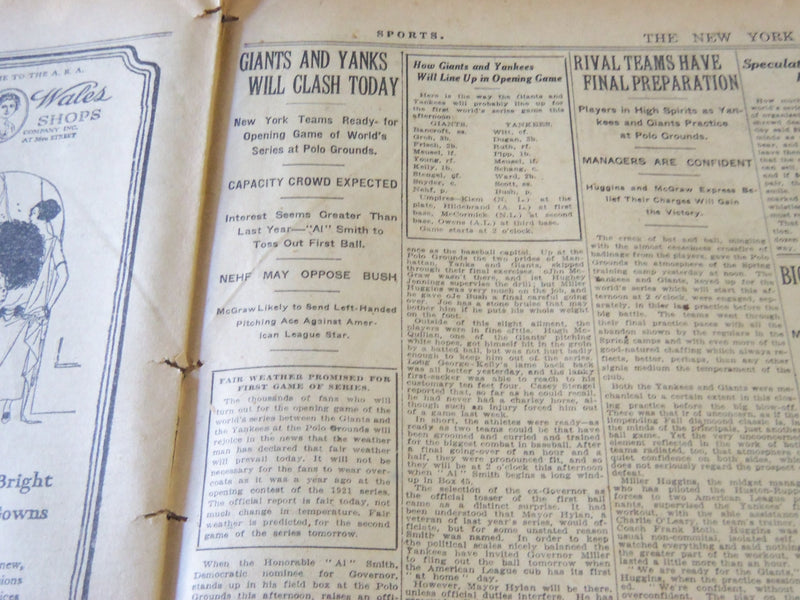 1922 OCTOBER 4 NEW YORK TIMES - FIRST WORLD'S SERIES CLASH TODAY - NT 5812
