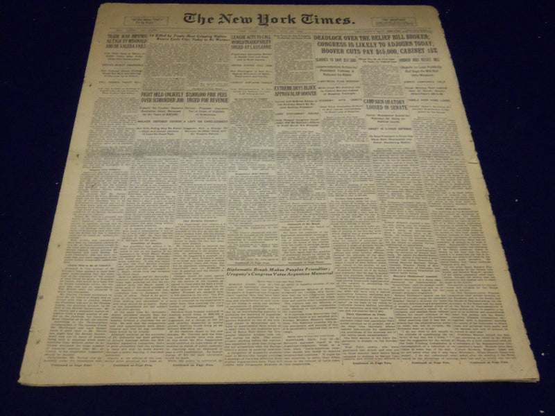 1932 JULY 16 NEW YORK TIMES - HOOVER CUTS PAY $15,000, CABINET 15% - NT 4056