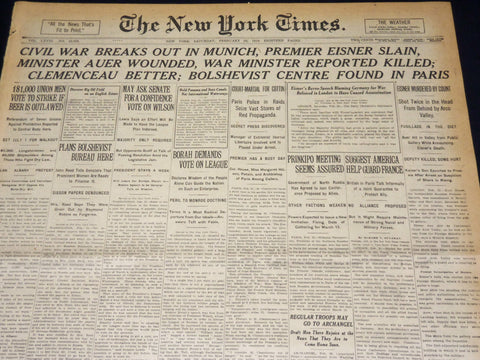1919 FEB 22 NEW YORK TIMES - CIVIL WAR IN MUNICH, PREMIER EISNER SLAIN - NT 7973