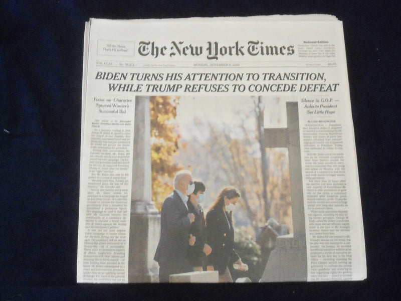 2020 NOV 9 N.Y. TIMES - BIDEN TURNS ATTENTION TO TRANSITION - ALEX TREBEK DIED