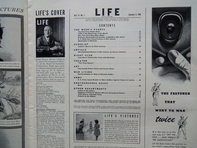 1943 JANUARY 4 LIFE MAGAZINE - ASSISTANT TO THE PRESIDENT JIMMYBYMES - L 320