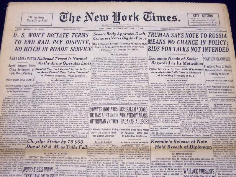 1948 MAY 12 NEW YORK TIMES - TRUMAN SAYS NOTE TO RUSSIA MEANS NO CHANGE - NT 127