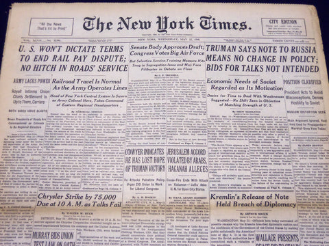 1948 MAY 12 NEW YORK TIMES - TRUMAN SAYS NOTE TO RUSSIA MEANS NO CHANGE - NT 127