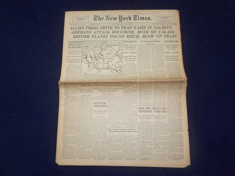 1940 MAY 24 NEW YORK TIMES -ALLIES PRESS DRIVE TO TRAP NAZIS IN SALIENT- NP 6496