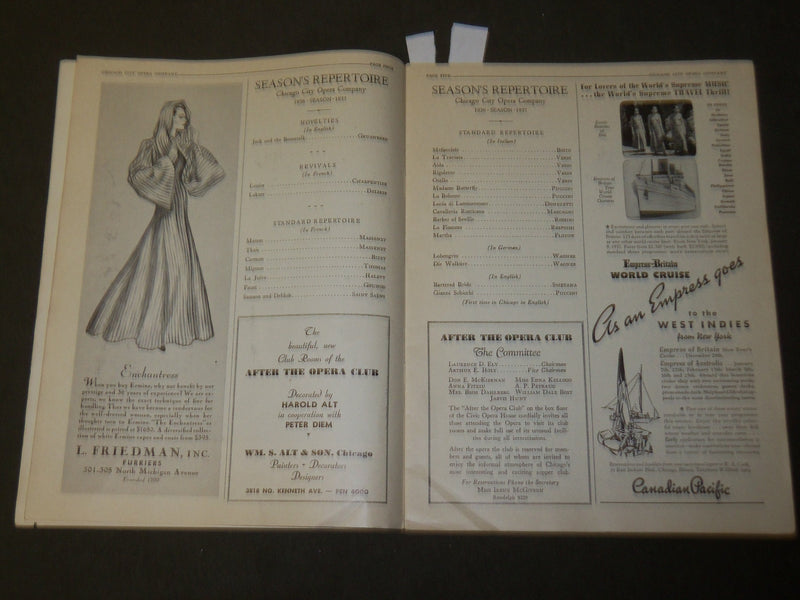 1936 NOVEMBER 13 CHICAGO CITY OPERA COMPANY PROGRAM - GIANNI SCHICCHI - J 3704