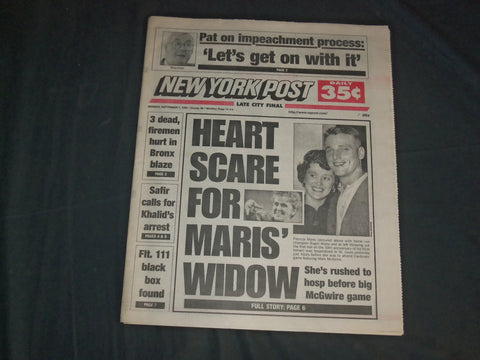 1998 SEPEMBER 7 NEW YORK POST NEWSPAPER - HEART SCARE FOR MARIS' WIDOW - NP 4126