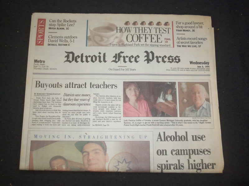 1994 JUNE 8 DETROIT FREE PRESS NEWSPAPER -ALCOHOL USE ON CAMPUS SPIRALS- NP 7704