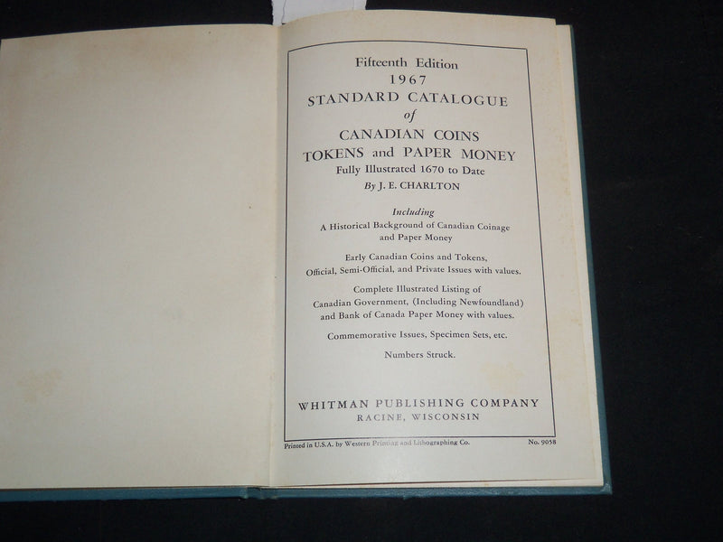 1967 STANDARD CATALOGUE OF CANADIAN COINS TOKENS PAPER - 15TH EDITION - KD 4351K