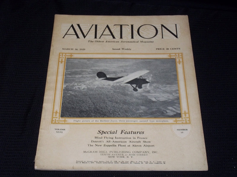 1929 MARCH 30 AVIATION MAGAZINE - BERLINER-JOYCE FRONT COVER - E 4227