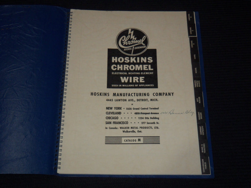 1950'S HOSKINS MANUFACTURING CO. CHROMEL RESISTOR ALLOYS CATALOG M - KD 3912J
