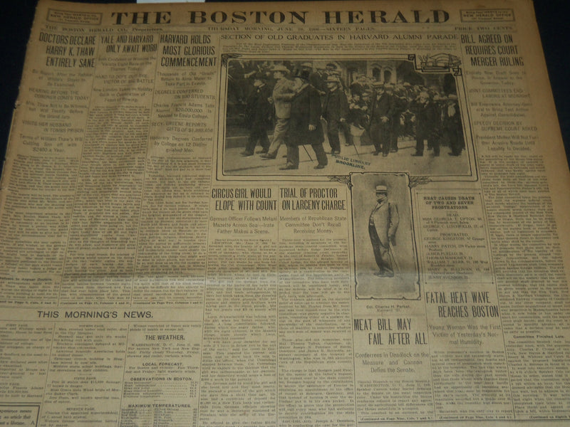 1906 JUNE 28 THE BOSTON HERALD - HARRY THAW SANE - HARVARD PARADE - BH 288
