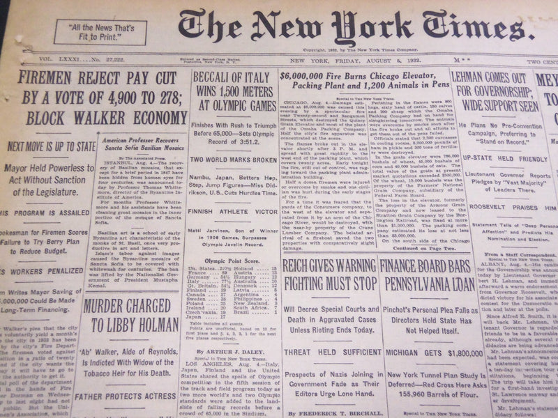 1932 AUG 5 NEW YORK TIMES BECCALI OF ITALY WINS 1500 METERS AT OLYMPICS- NT 4806