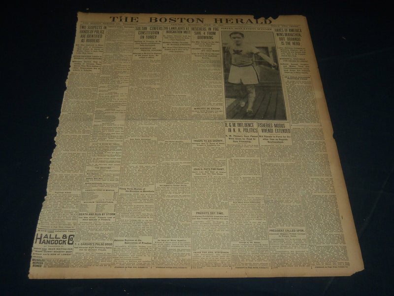 1908 JULY 25 THE BOSTON HERALD - HAYES OF AMERICA WINS MARATHON - BH 323