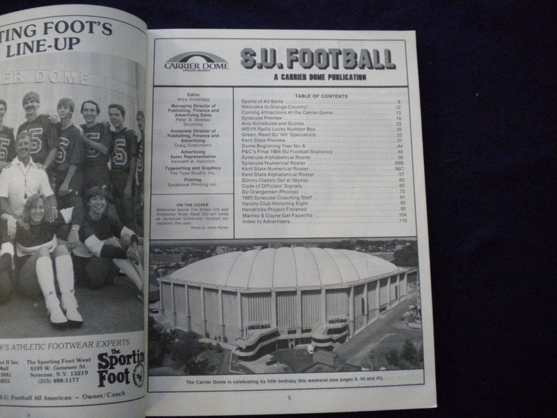 1985 SEPTEMBER 21 FOOTBALL PROGRAM - SYRACUSE UNIV VS KENT STATE UNIV - SP 3624Q