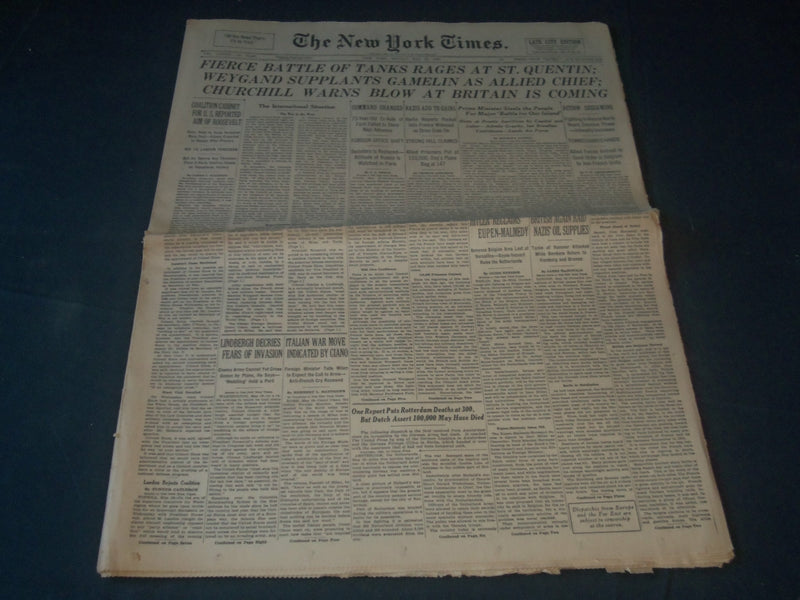 1940 MAY 20 NEW YORK TIMES - FIERCE BATTLE OF TANKS RAGES ST. QUENTIN - NP 3611