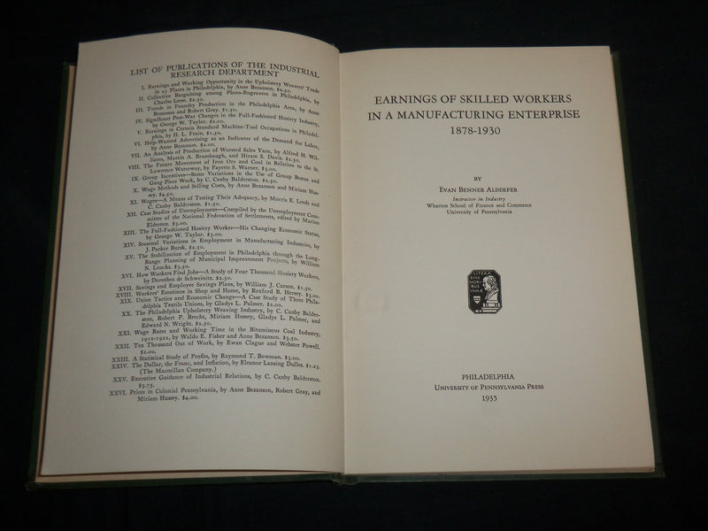 1935 EARNINGS OF SKILLED WORKERS BOOK INSCRIBED BY EVAN BENNER ALDERFER- KD 7044