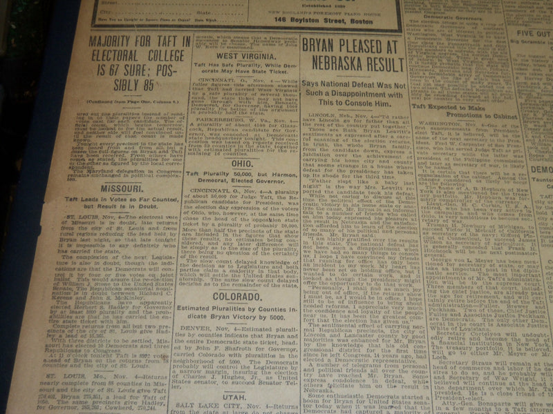 1908 NOVEMBER 5 THE BOSTON HERALD - MAJORITY FOR TAFT - ELIOT RESIGNS - BH 242
