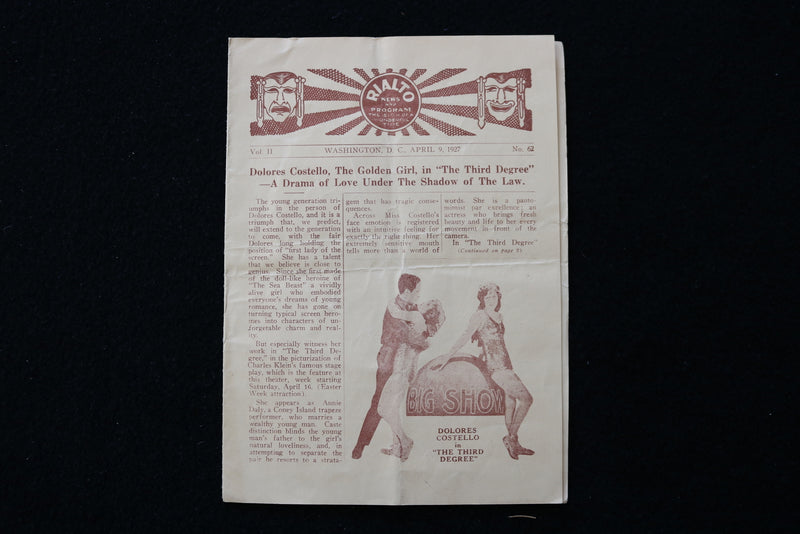 1927 APRIL 9 RIALTO THEATRE PROGRAM - DOLORES COSTELLO- WASHINGTON, DC- K 1891