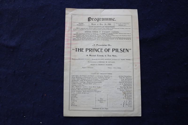 1902 MAY 20 THE PRINCE OF PILSEN PROGRAMME - BOSTON - K 1694