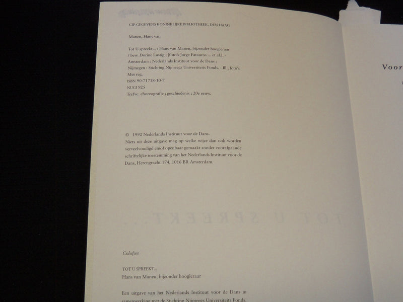 1992 TOT U SPREEKT SOFTCOVER BOOK BY HANS VAN MANEN - DUTCH - KD 5981R