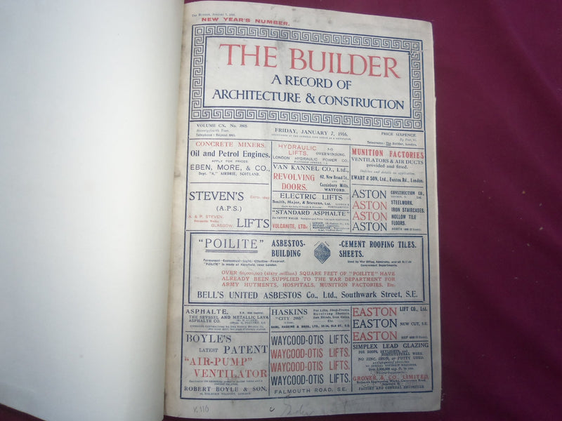 1916 JAN-DEC THE BUILDER U. K. MAGAZINE BOUND VOLUMES - 2 VOLS - FOLD OUTS- C 38