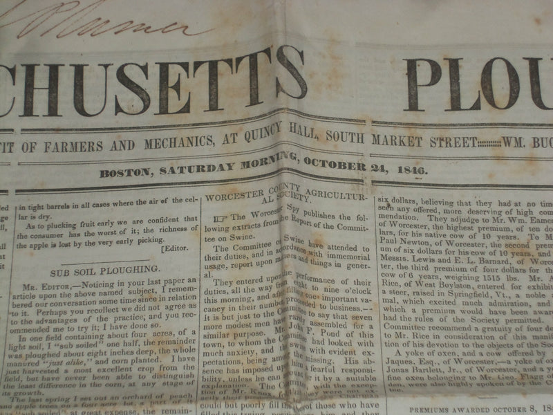 1846 OCTOBER 24 MASSACHUSETTS PLOUGHMAN NEWSPAPER - SANTA CLARA LETTER - NP 5134