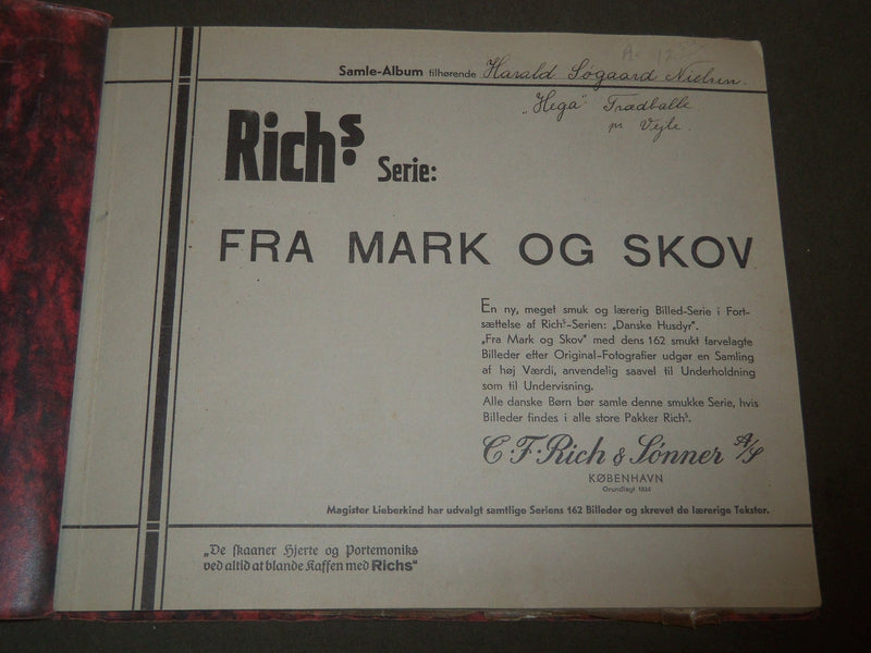 1930'S RICH'S SERIE FRA MARK OG SKOV ANIMAL TOBACCO CARDS ALBUM DANISH - KD 3185