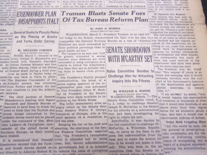 1952 MARCH 8 NEW YORK TIMES - SENATE SHOWDOWN WITH M'CARTHY SET - NT 4548
