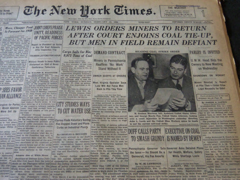 1950 FEBRUARY 12 NEW YORK TIMES - LEWIS ORDERS MINERS TO RETURN - NT 6127