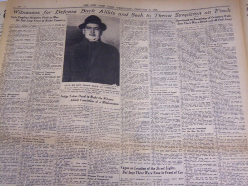 1935 FEB 6 NEW YORK TIMES - CAFE MAN SWEARS FISCH WAS AT BRONX CEMETARY- NT 1920