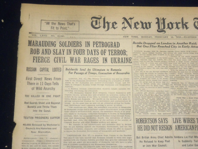 1918 FEBRUARY 18 NEW YORK TIMES - MARAUDING SOLDIERS IN CETROGRAD - NT 8245
