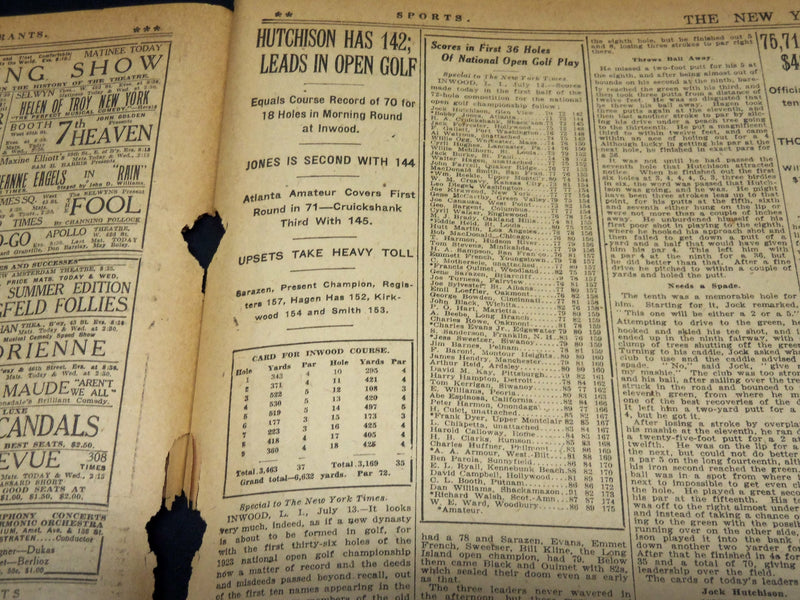 1923 JULY 14 NEW YORK TIMES - HUTCHINSON HAS 142 & JONES SECOND 144 - NT 7747