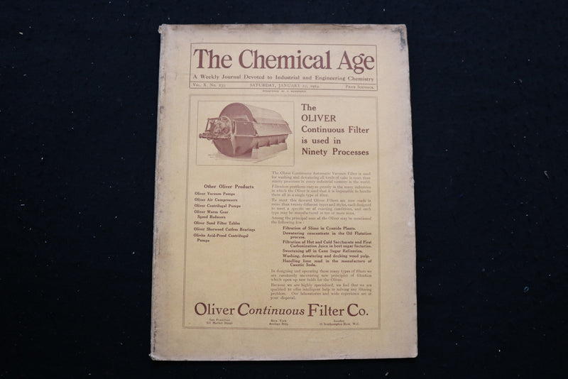 1924 JAN 12 THE CHEMICAL AGE MAGAZINE - OLIVER FILTER CO. COVER - SP 4190F
