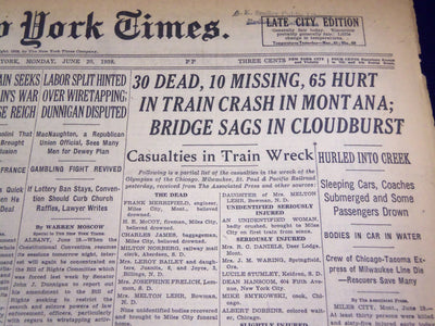 1938 JUN 20 NEW YORK TIMES - 30 DEAD, 10 MISSING, 65 HURT IN TRAIN CRASH- NT 692