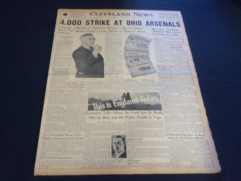 1941 AUGUST 2 CLEVELAND NEWS NEWSPAPER - 4,000 STRIKE AT OHIO ARSENALS - NT 7399