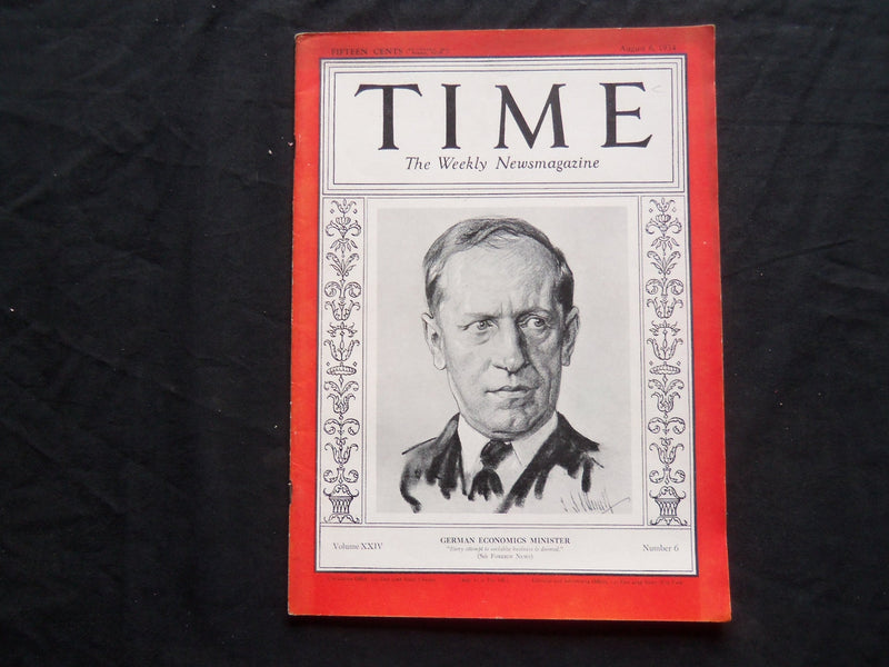 1934 AUGUST 6 TIME MAGAZINE - DR. KURT SCHMITT, GERMAN ECONMICS MINISTER - T 431