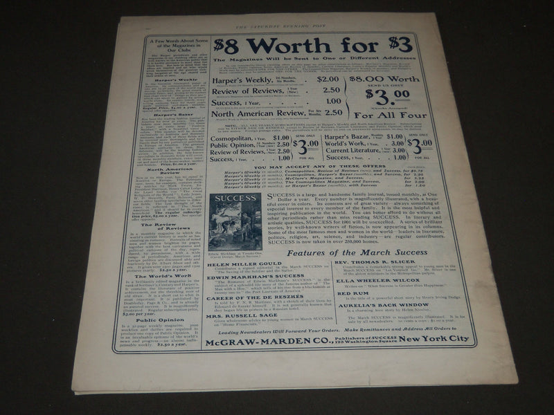 1901 MARCH 16 THE SATURDAY EVENING POST MAGAZINE - ILLUSTRATED COVER - SP 526
