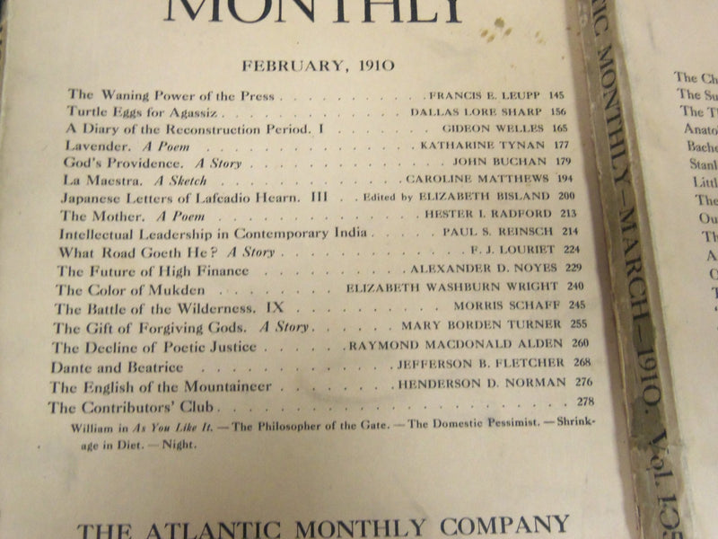 1910 THE ATLANTIC MONTHLY MAGAZINE LOT 10 ISSUES - STORIES & ARTICLES - WR 360A
