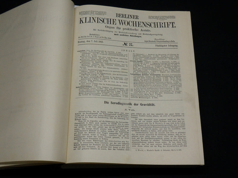 1913 JUL-DEC BERLINER KLINISCHE WOCHENSCHRIFT MAGAZINE BOUND VOLUME - R 490