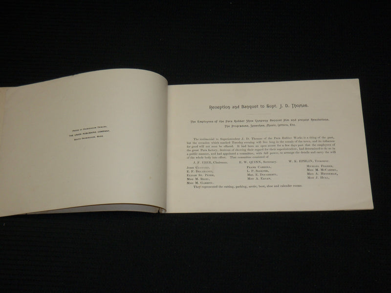 1889 MARCH 26 THOMAS RECEPTION SOUVENIR PROGRAM - PARA RUBBER SHOE CO. - J 7043