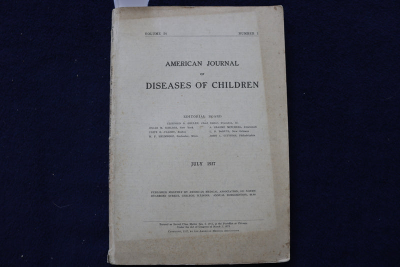1937 JULY AMERICAN JOURNAL OF DISEASES OF CHILDREN SOFTCOVER BOOK - K 1518