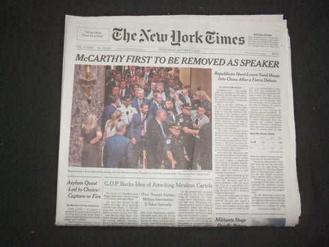 2023 OCTOBER 4 NEW YORK TIMES - MCCARTHY FIRST TO BE REMOVED AS SPEAKER