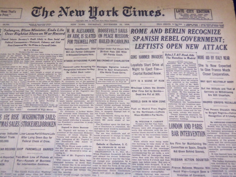 1936 NOV 19 NEW YORK TIMES - ROME & BERLIN RECOGNIZE SPANISH REBEL - NT 2083