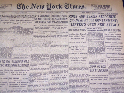 1936 NOV 19 NEW YORK TIMES - ROME & BERLIN RECOGNIZE SPANISH REBEL - NT 2083