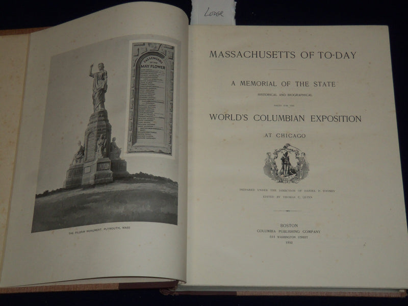 1892 MASSACHUSETTS OF TO-DAY WORLD'S COLUMBIAN EXPO AT CHICAGO VOLUME - KD 1952