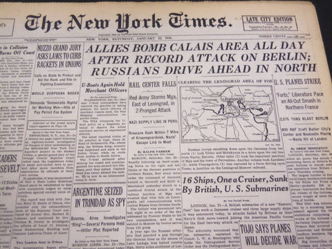 1944 JANUARY 22 NEW YORK TIMES - ALLIES BOMB CALAIS AREA ALL DAY - NT 4315