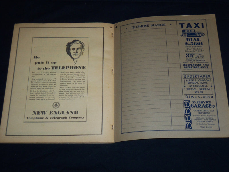 1933 JUNE WORCESTER DISTRICT TELEPHONE DIRECTORY BOOK - J 8804