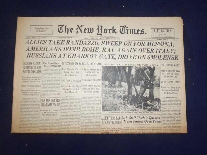1943 AUG 14 NEW YORK TIMES - ALLIES TAKE RANDAZZO, SWEEP ON FOR MESSINA- NP 6550