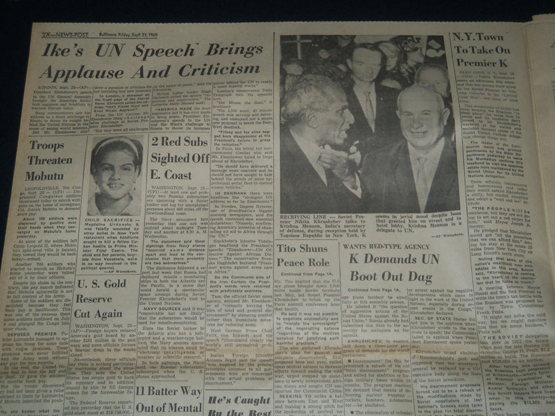 1960 SEPT 23 BALTIMORE NEWS-POST NEWSPAPER - K DEMANDS UN REPLACE DAG - NP 3753