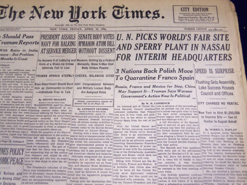 1946 APRIL 12 NEW YORK TIMES - U. N. PICKS WORLD'S FAIR SITE INTERIM HQ - NT 838